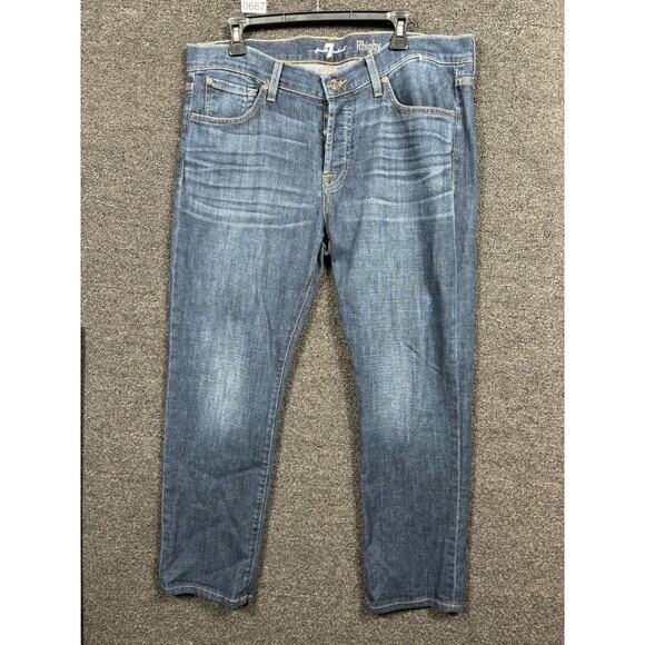 7 For All Mankind Rhigby Jeans Mens 36 Blue Straight Stretch Button Fly Mid Rise - Picture 1 of 11